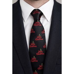 Mens Black Merry Christmas Holiday Necktie Festive Tree Print Party Novelty Tie